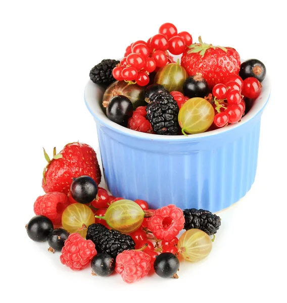 Ripe berries in bowl isolated on white — Stock Photo, Image