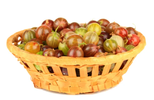 Fresh gooseberries in wicker basket isolated on white — Stock Photo, Image