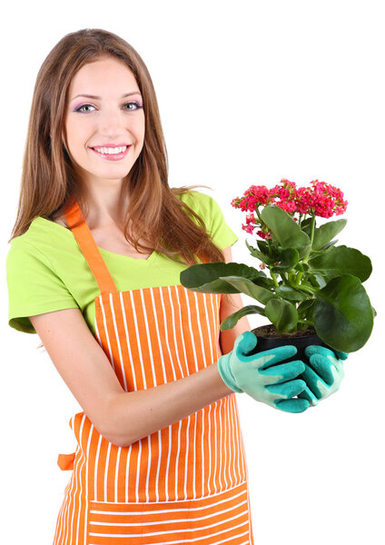 Beautiful girl gardener with flower isolated on white