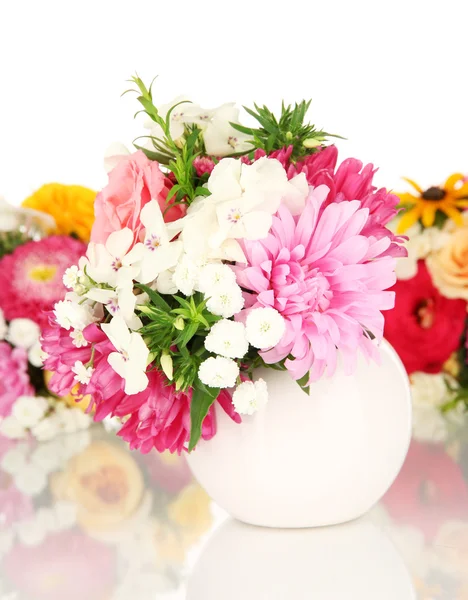 Beautiful bouquet of bright flowers in glass vase, isolated on white — Stock Photo, Image