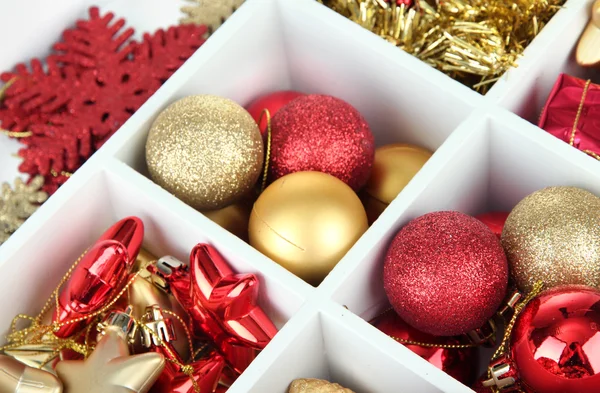 Wooden box filled with christmas decorations background — Stock Photo, Image