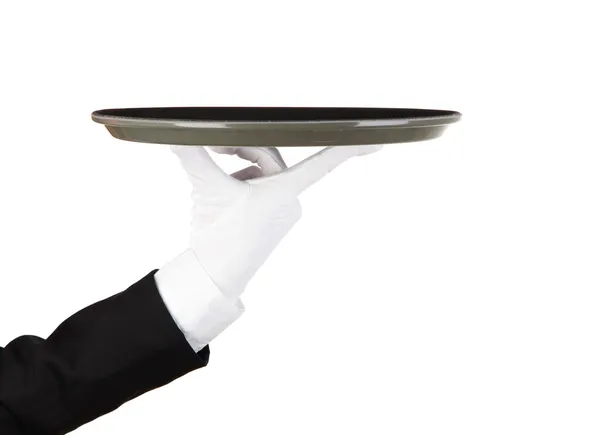 Άδειο δίσκο στο χέρι σερβιτόρος απομονωθεί σε λευκό — Φωτογραφία Αρχείου