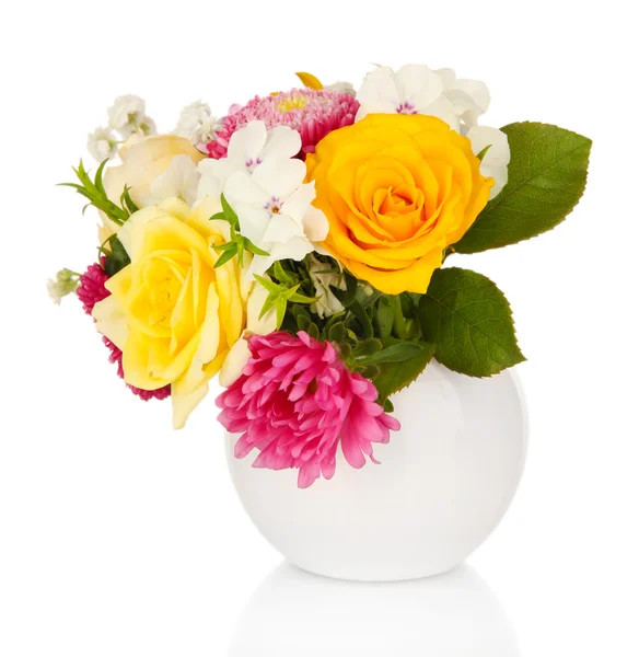 Beautiful bouquet of bright flowers in glass vase, isolated on white — Stock Photo, Image