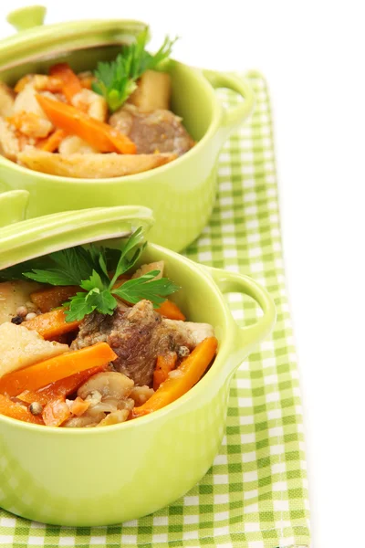 Homemade beef stir fry with vegetables in color pans, isolated on white — Stock Photo, Image