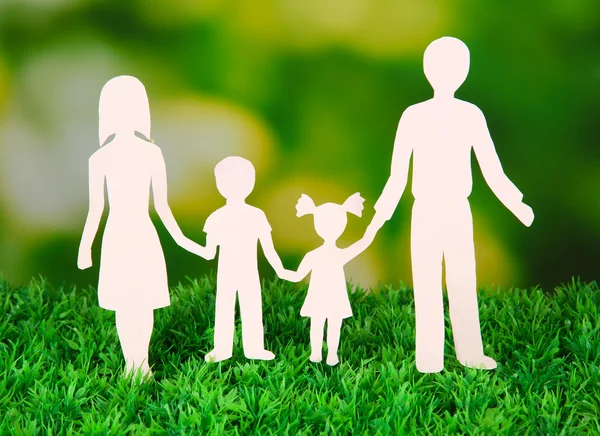 Family from paper on grass on bright background — Stock Photo, Image