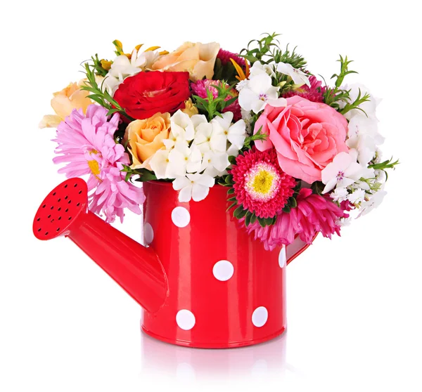 Bellissimo bouquet di fiori luminosi in vaso di colore, isolato su bianco — Foto Stock