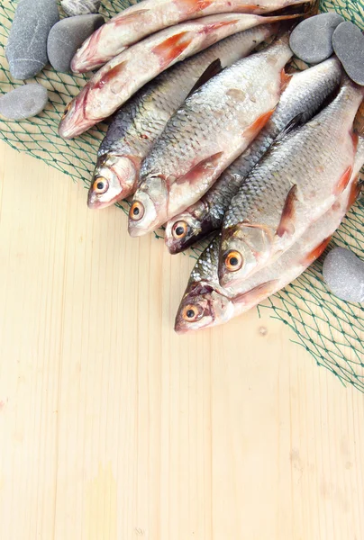 Fishes on fishing net on wooden background — Stock Photo, Image