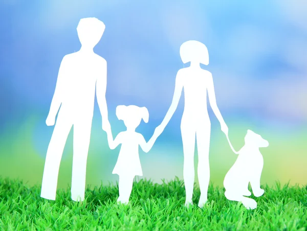 Сім'я з паперу на траві на яскравому фоні — стокове фото