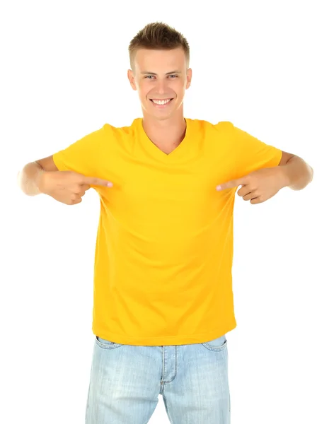 T-shirt na młody mężczyzna na białym tle — Zdjęcie stockowe