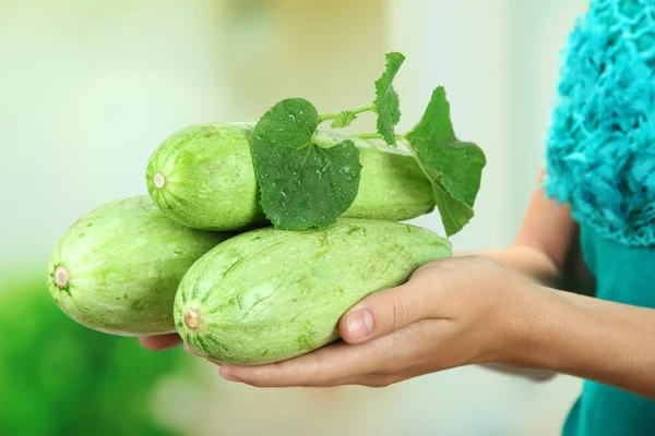 Woman hand holding raw zucchini, outdoors — Stock Photo, Image