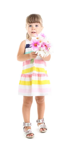 Little cute girl holding flowers, isolated on white — Stock Photo, Image