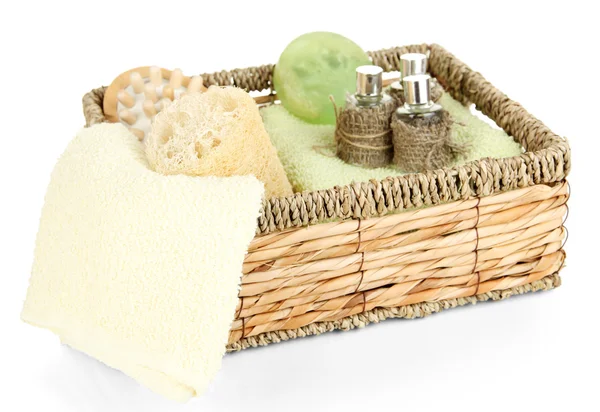 Set for spa in wicker basket, isolated on white — Stock Photo, Image