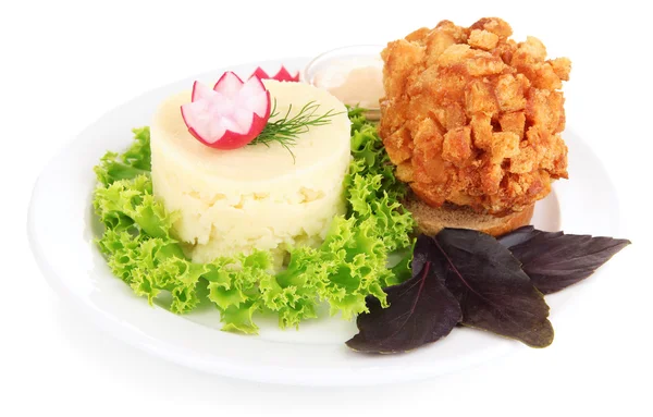 Tavuk kiev üzerinde kruton üzerinde beyaz izole patates püresi ile — Stok fotoğraf