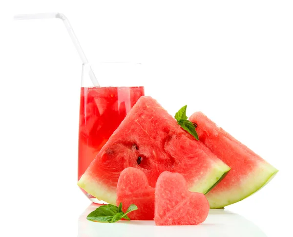 Fresh watermelon and glass of watermelon juice isolated on white — Stock Photo, Image