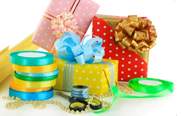 Materials and accessories for wrapping gifts isolated on white — Stock Photo, Image