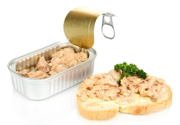 Open tin can and tasty sandwich with cod liver, isolated on white — Stock Photo, Image