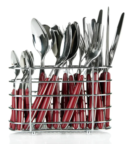 Köket bestick, knivar, gafflar och skedar i metall stativ, isolerad på vit — Stockfoto