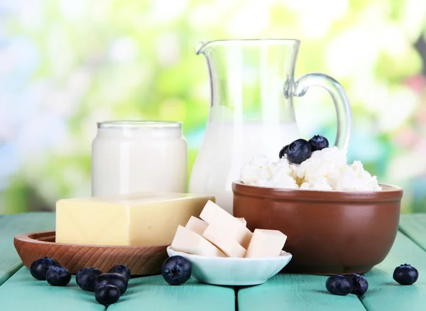 Frische Milchprodukte mit Blaubeeren auf Holztisch vor natürlichem Hintergrund — Stockfoto