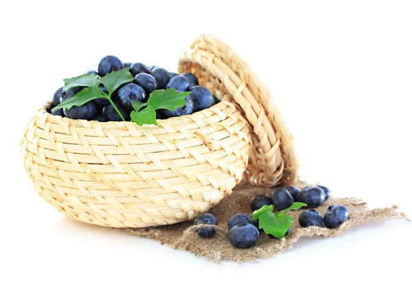 Blueberries in wooden basket on sackcloth isolated on white — Stock Photo, Image