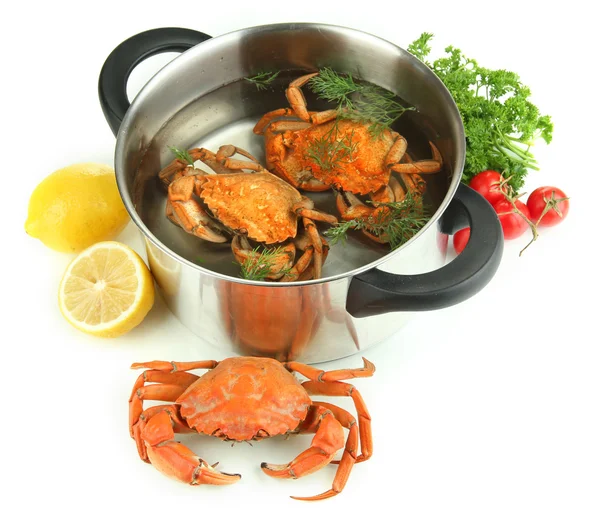Samenstelling met gekookte krabben, pan en fruit geïsoleerd op wit — Stockfoto