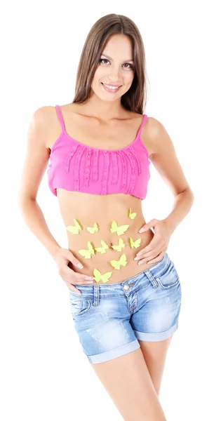 Young girl with butterfly on stomach isolated on white — Stock Photo, Image