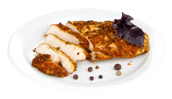 Roasted chicken fillets on white plate, isolated on white — Stock Photo, Image