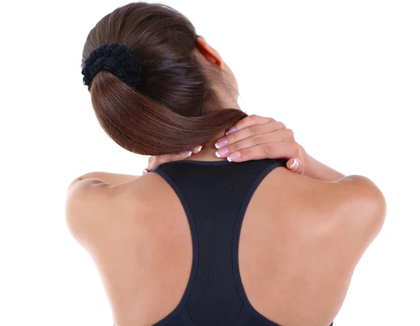 Junges Mädchen und Schmerzen im Nacken isoliert auf weiß — Stockfoto