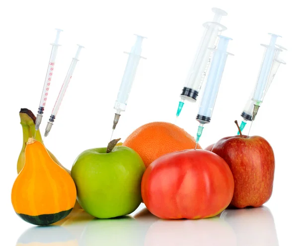 Injection into fruit and vegetables isolated on white — Stock Photo, Image