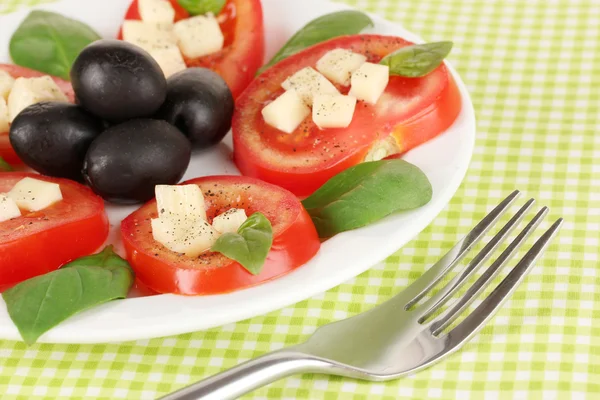 Mozzarella di formaggio con verdure in piatto sul tavolo — Foto Stock