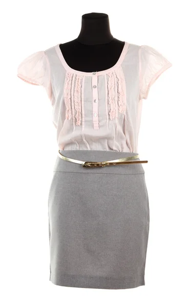 Bela blusa e saia cinza no manequim, isolado em branco — Fotografia de Stock