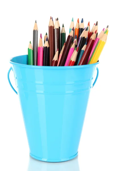 Color bucket with multicolor pencils, isolated on white — Stock Photo, Image