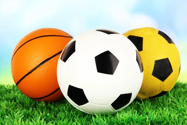 Sport balls, on green grass, on bright background — Stock Photo, Image