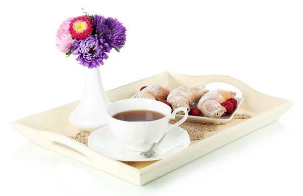 Cup of tea with cakes on wooden tray isolated on white — Stock Photo, Image