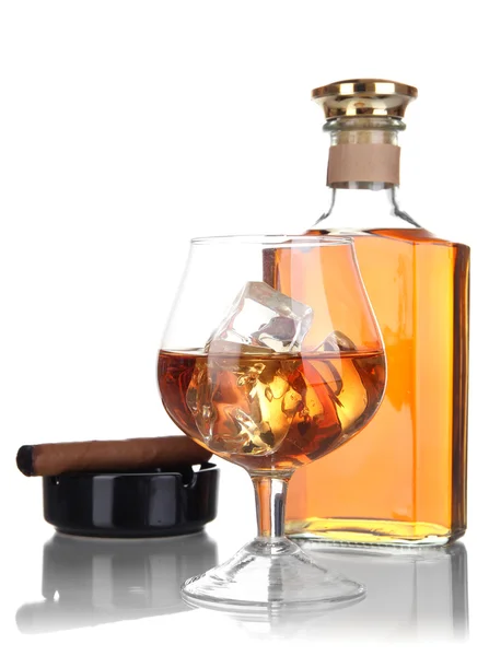 Brandy with ice and cigar isolated on white — Stock Photo, Image