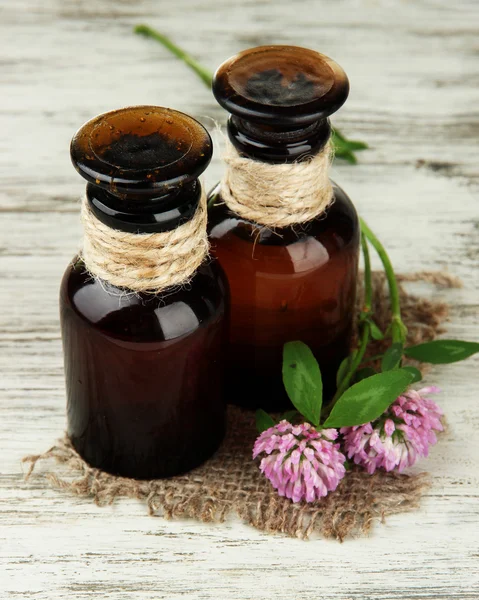 Медичні пляшки з квітами конюшини на дерев'яному столі — стокове фото