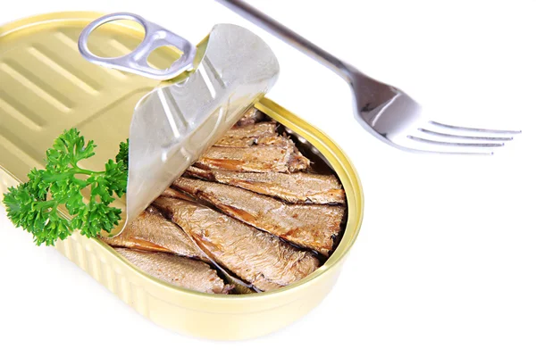 Open blikje met sardines, geïsoleerd op wit — Stockfoto