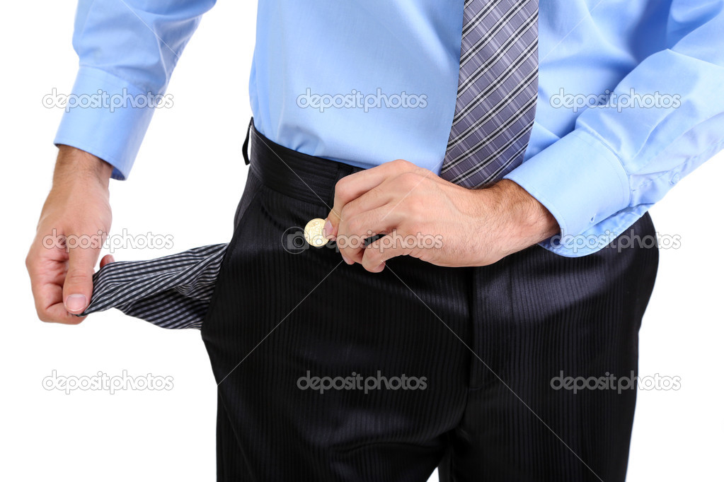 Business man showing his empty pocket, isolated on white