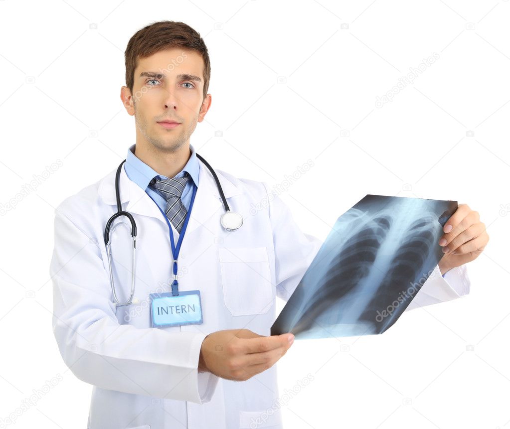 Portrait of young medical intern isolated on white
