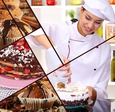 Collage of confectionery theme consisting of delicious pastries and cook clipart