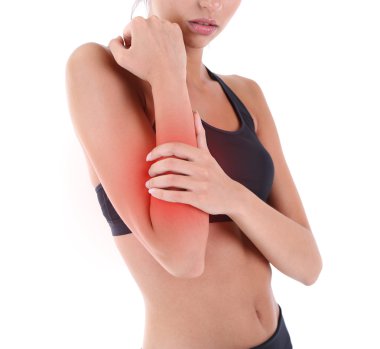 ağrı üzerinde beyaz izole el ile kadın