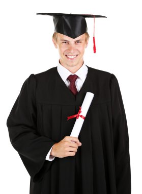 mezun öğrenci üzerinde beyaz izole mutlu