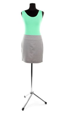 güzel bluz ve üzerinde beyaz izole manken üzerinde gri etek