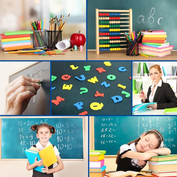 Collage of schoolchildren and teacher in classroom. School concept — Stock Photo, Image