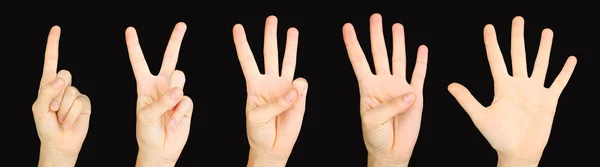 Collage of hands making signs, on black background — Stock Photo, Image