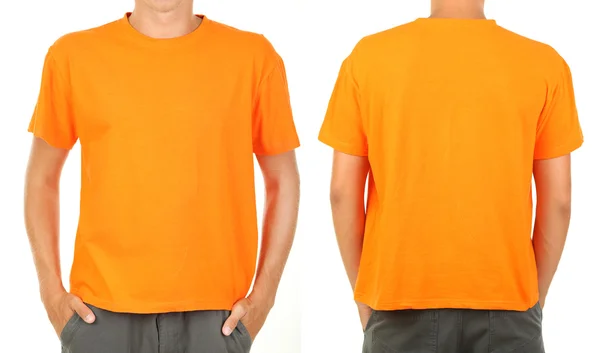 T-shirt på ung man framför och bakom isolerade på vit — Stockfoto