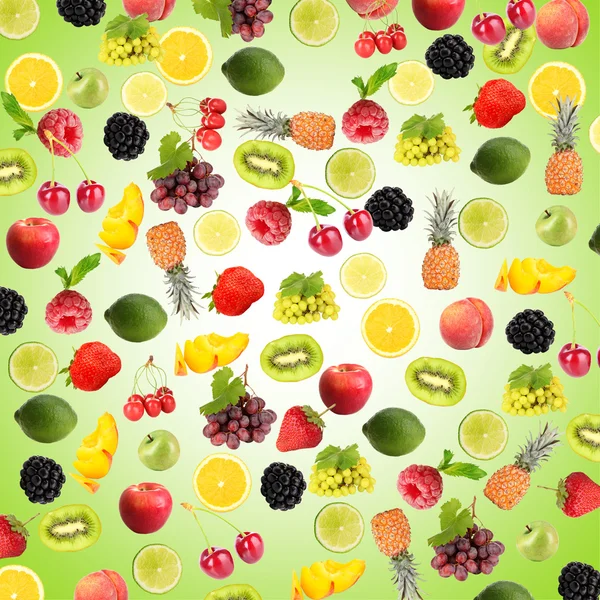 Different fruits and berries on blue background — Stock Photo, Image