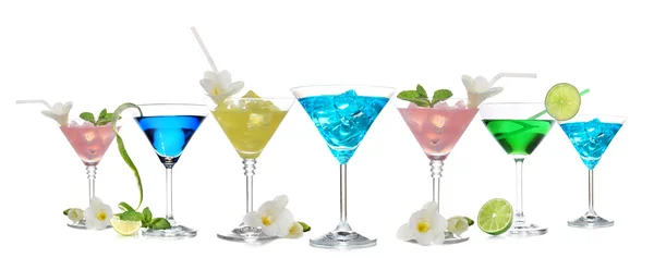 Many different alcoholic cocktails, isolated on white — Stock Photo, Image