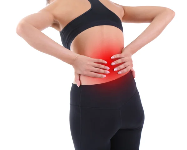 Lower back pain in woman isolated on white — Stock Photo, Image