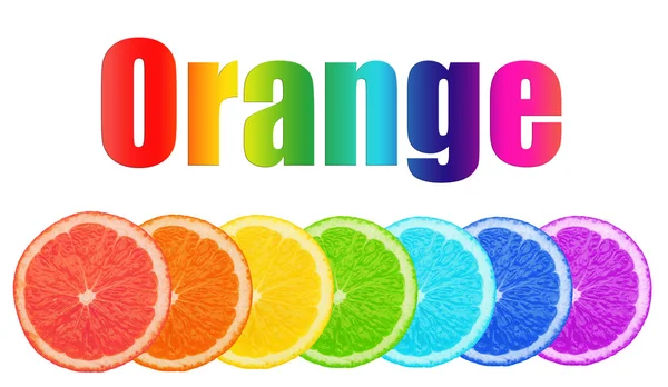 Multicolored pieces of orange with word "Orange" isolated on white — Stock Photo, Image