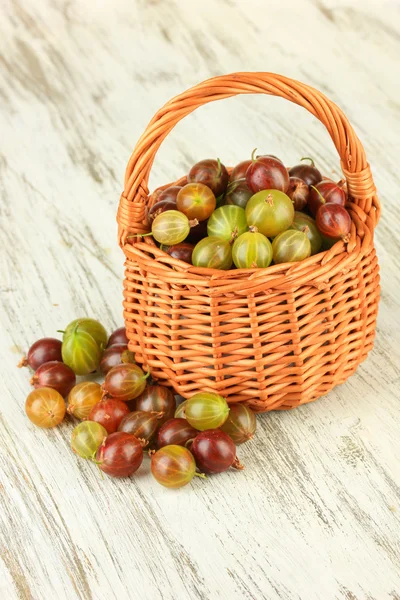 Fresh gooseberries in wicker basket on table close-up — Stock Photo, Image